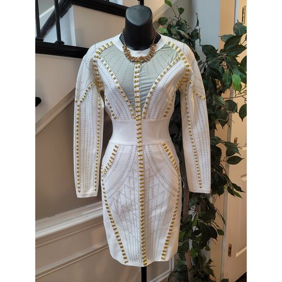Chic Beading Bandage Long Sleeve Bodycon Party Mini Dress Size Large - Picture 1 of 12